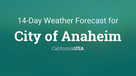If you’re planning to visit Anaheim in the near future, we highly recommend that you review the 14 day weather forecast for Anaheim before you arrive. Temperatures. 21 ° / 13 ° Rainy Days. 1. Snowy Days. 0. Dry Days. 29. Rainfall. 23. mm. Sun Hours. 11.6. Hrs. Historic average weather for April.